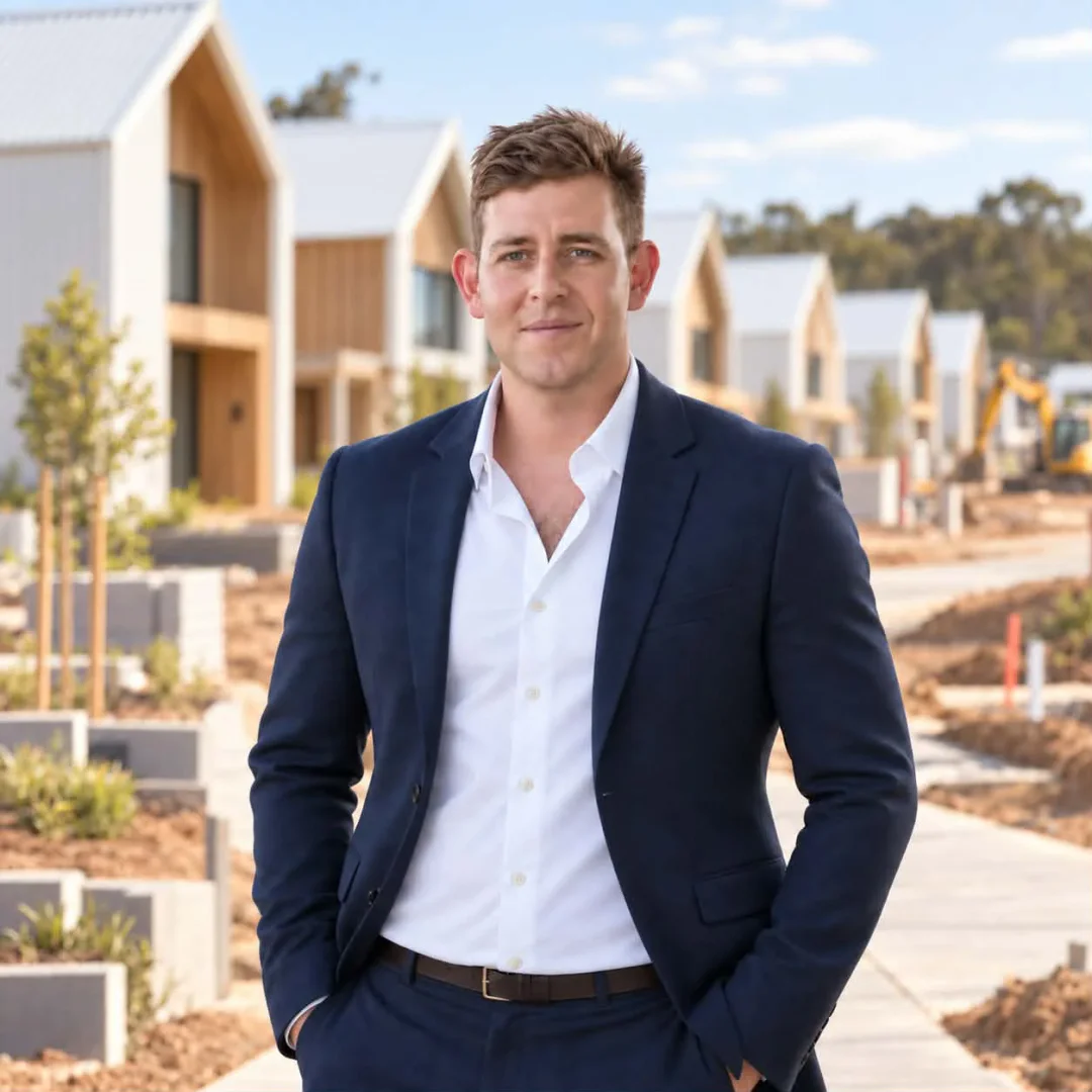William Warner, founder of Modular Buildings Australia, on a new street of gable homes under construction