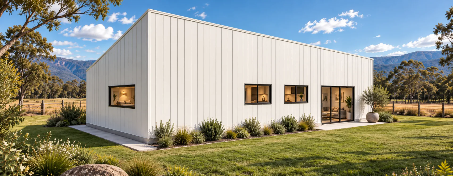 A white skillion-roofed MBA shouse on a rural block, vertical-rib cladding and black-framed glazing