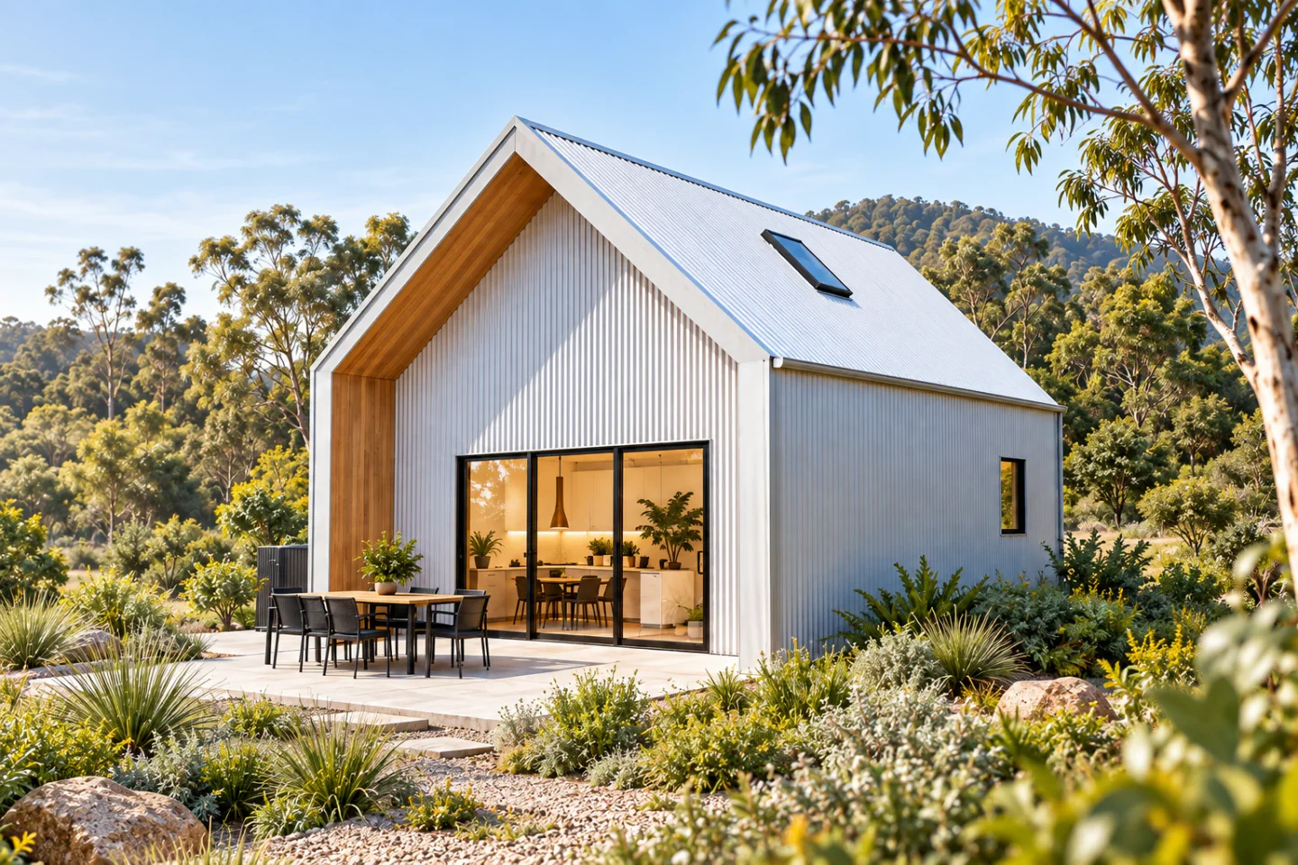 Illustrative white corrugated gable home in an Australian garden