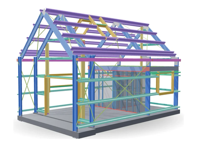 The Pod’s structural frame model: portal columns and rafters, purlins, girts and bracing, exported from its Shouse Designer model
