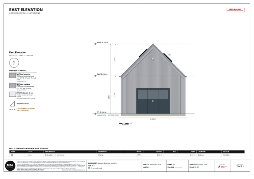 Sheet 7 of 11 of the Pod’s Preliminary Drawing Set: the east elevation with ridge, eave and floor levels marked, the finishes schedule, the window and door schedule and the MBA title block, stamped preliminary — not for construction