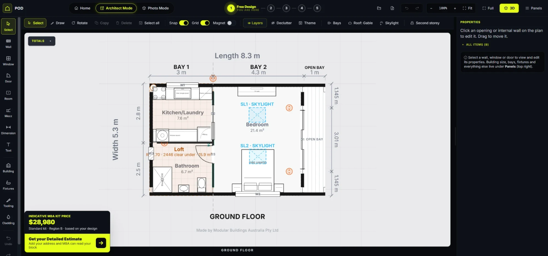 The Shouse Designer workspace in Architect Mode: the Pod’s 8.3 by 5.3 metre plan with two bays and an open bay — kitchen and laundry, bathroom, loft and a bedroom with two skylights — drawing tools on the left and properties on the right