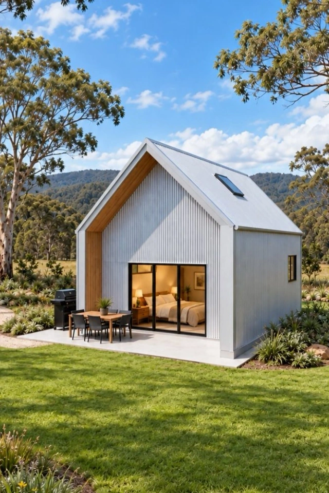 The Pod, a one-bedroom Zincalume gable shed home with a timber-lined entry, rendered from its Shouse Designer model on a rural block
