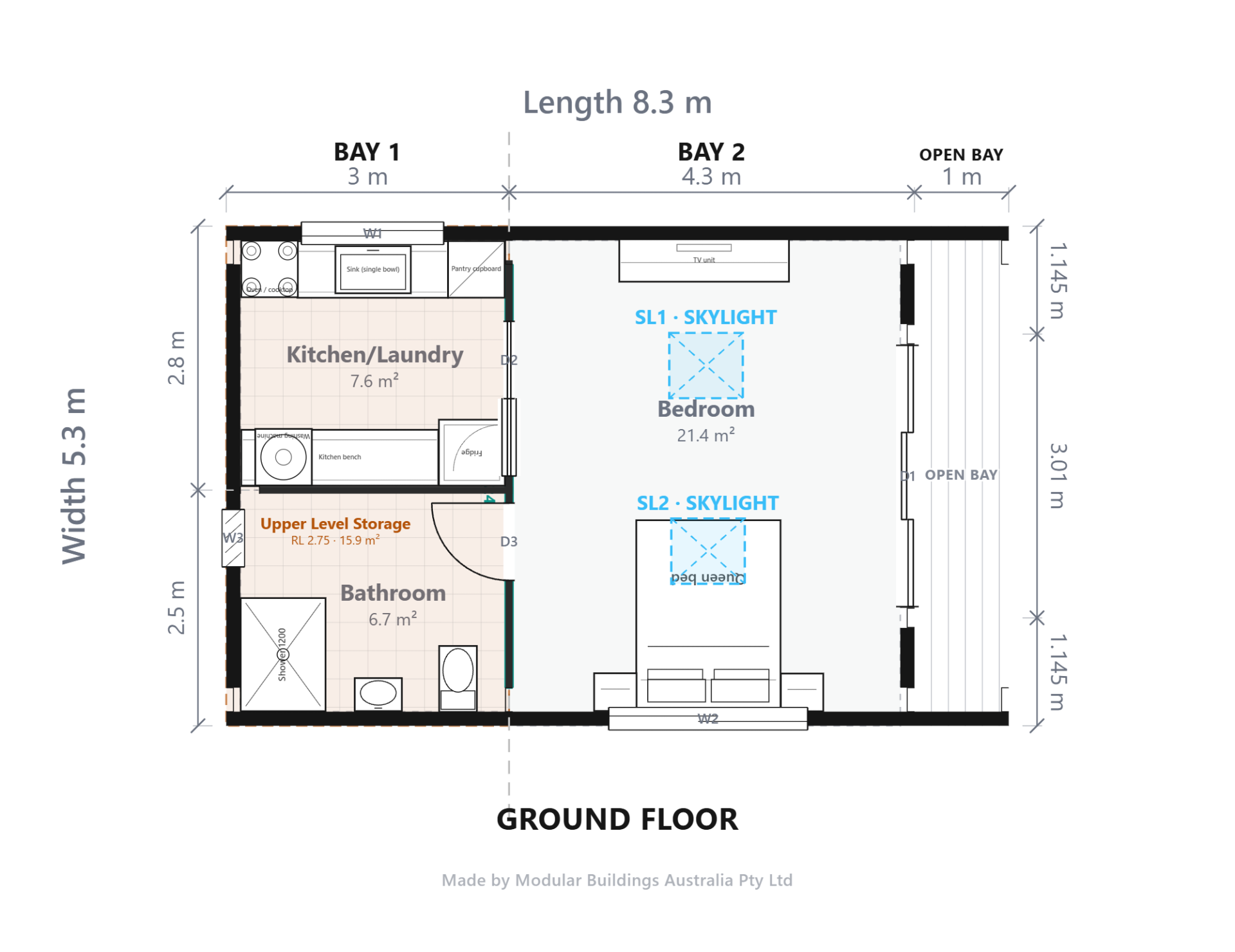 The Pod’s floor plan, exported from the Shouse Designer: kitchen and laundry, bathroom, bedroom, an open bay and two skylights, with dimensions