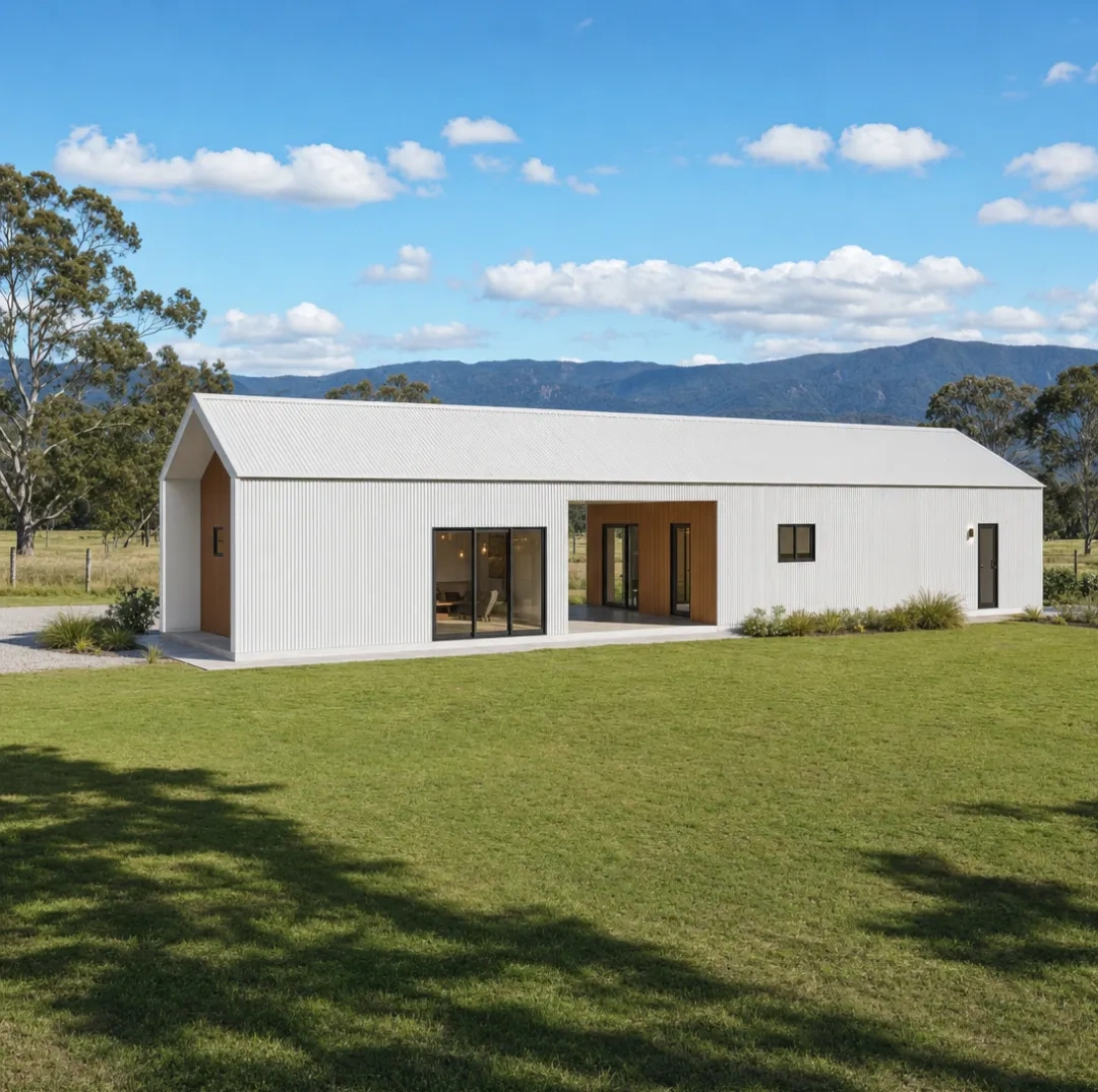Open portal-frame barn home — wide clear-span living under the MBA engineered steel system