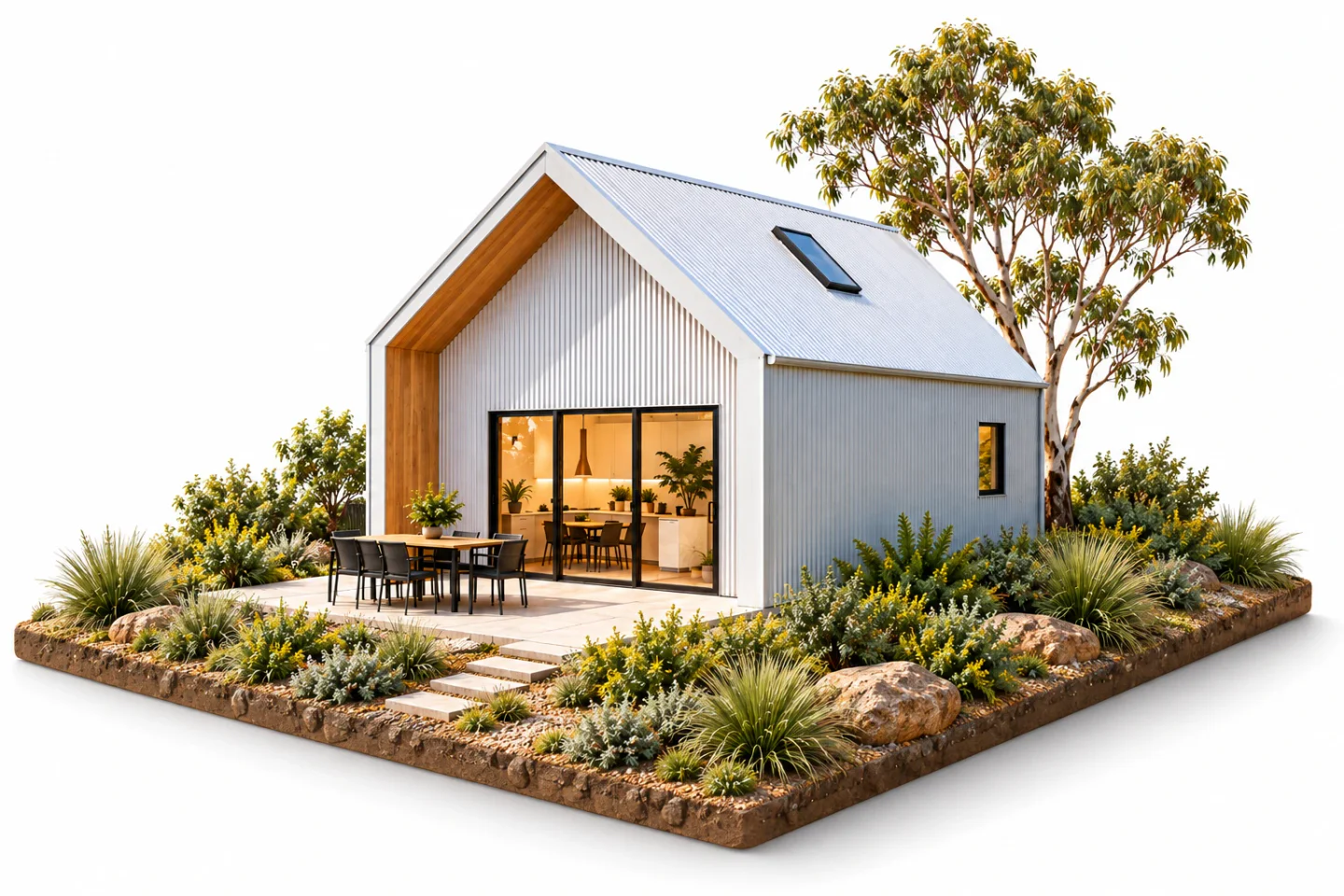 Illustrative white gable home on a landscaped Australian site model