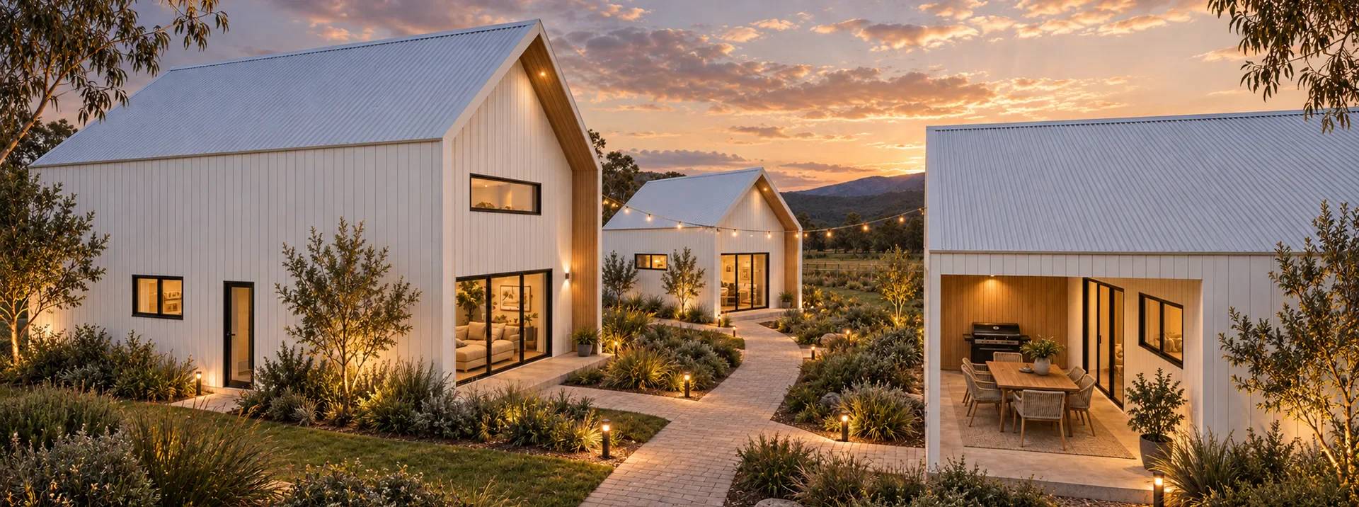 Three white gable pavilions at sunset, joined by a lit path — a Shouse Designer concept on a rural block