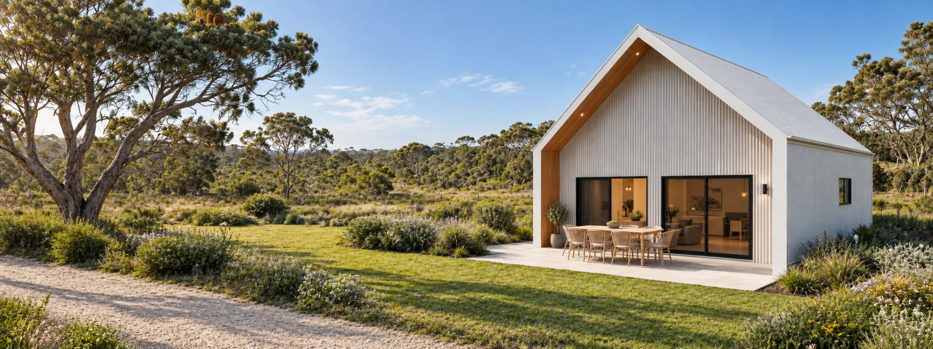 Shed Home #01 on a sunny block: white corrugated gable, a timber-lined entry and a table set on the deck
