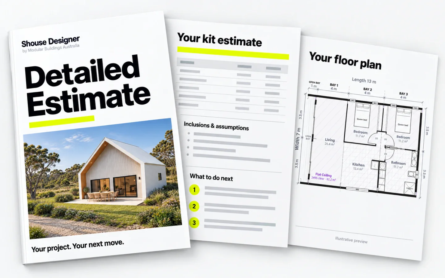 The Detailed Estimate document fanned open: the cover with a render, the kit estimate page with inclusions and what to do next, and the floor plan page