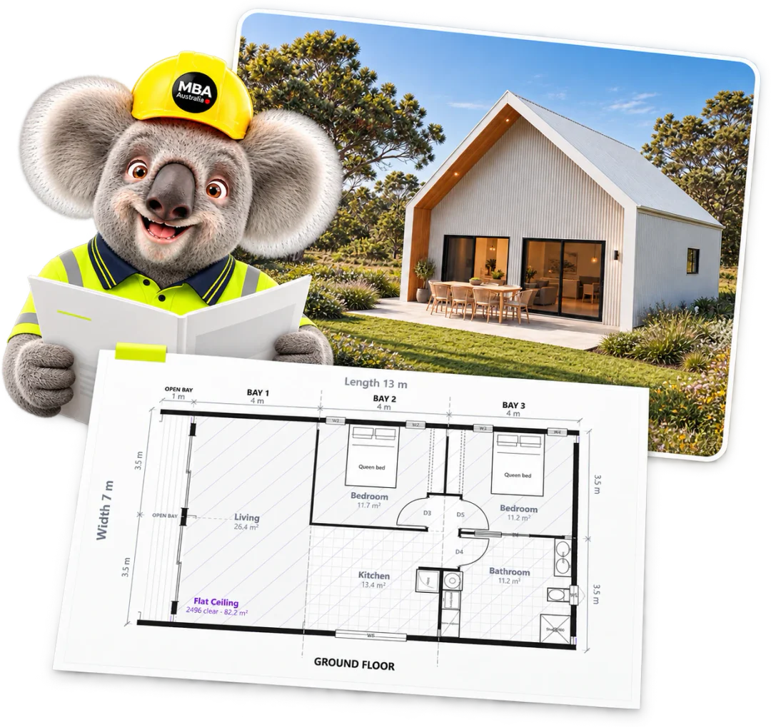 The MBA koala in a hard hat reading a floor plan, beside a render of a gable shouse and its dimensioned ground-floor drawing