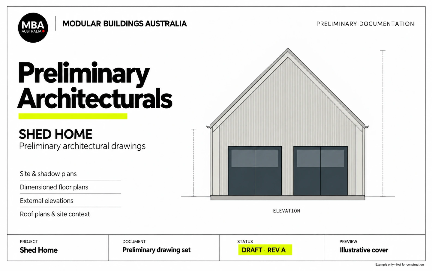 The cover of the Shed Home’s preliminary architectural drawing set: the elevation beside the sheet list — site and shadow plans, dimensioned floor plans, external elevations, roof plans and site context