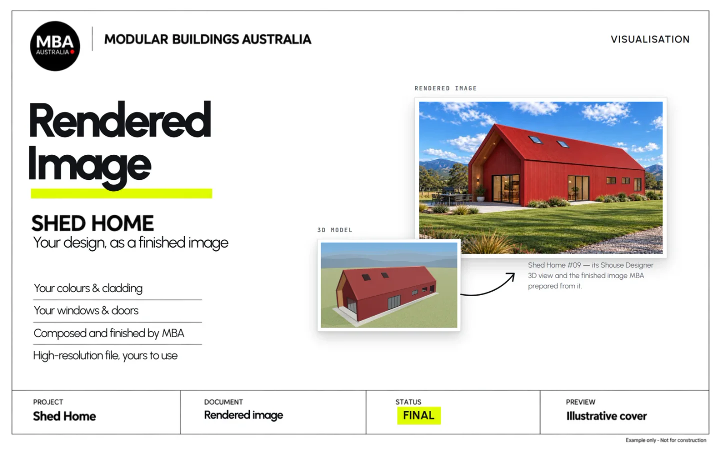 A cover pairing Shed Home #09 in the Shouse Designer’s 3D view with the finished image MBA prepared from it