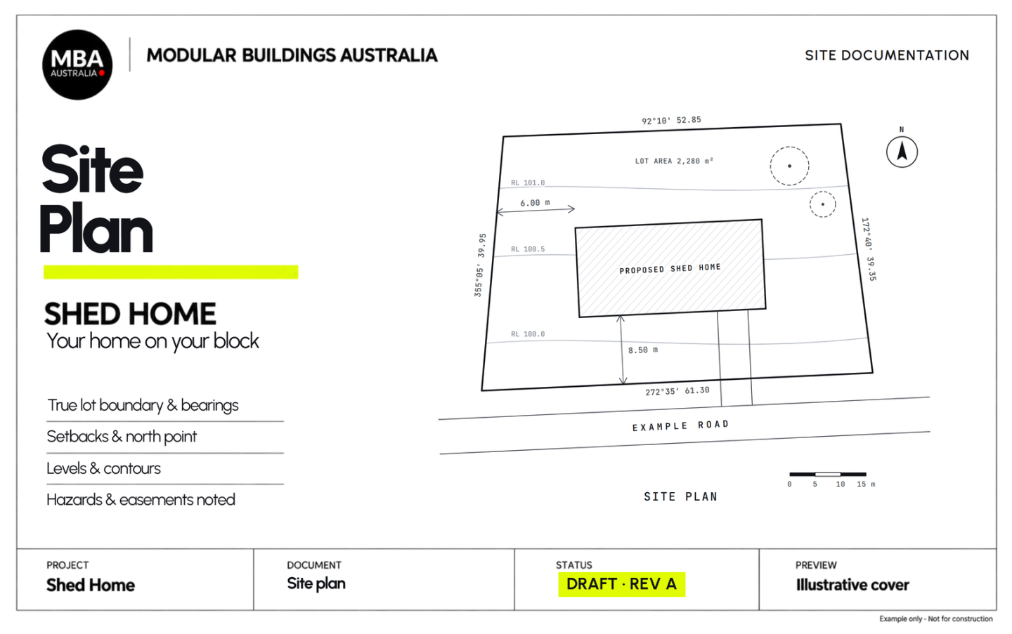 The cover of a Shed Home site plan: a lot boundary with bearings, the home with its setbacks, contours, the street and a north point