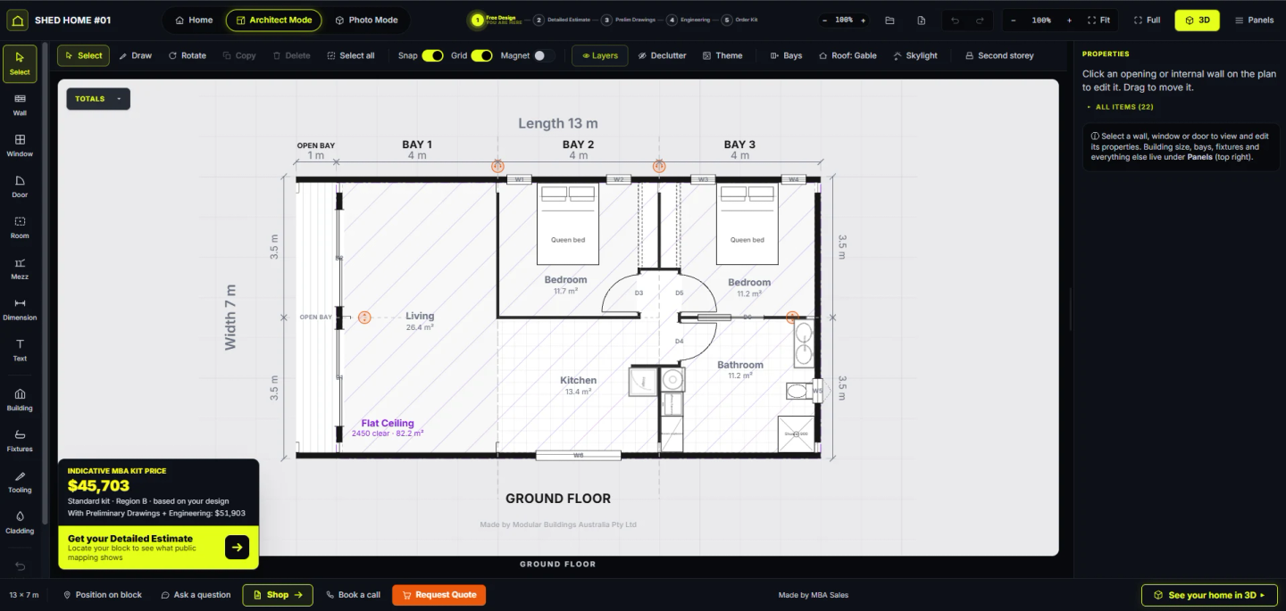 The Shouse Designer workspace with Shed Home #01’s floor plan open in Architect Mode: three 4 m bays, two bedrooms, living, kitchen and bathroom