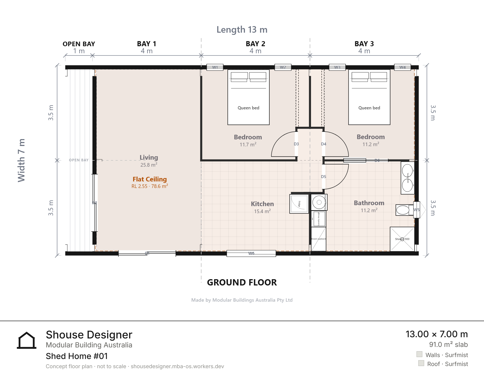 13m x 7m two bedroom shed home floor plan with open plan living area, kitchen, bathroom and two bedrooms.