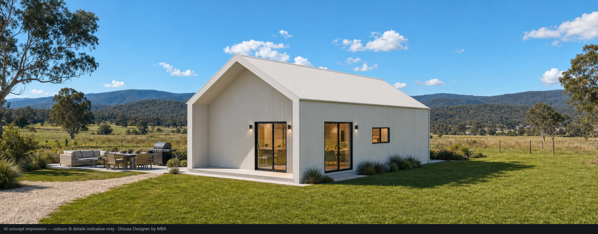 Modern white corrugated shed home with gable roof set within an Australian rural landscape.