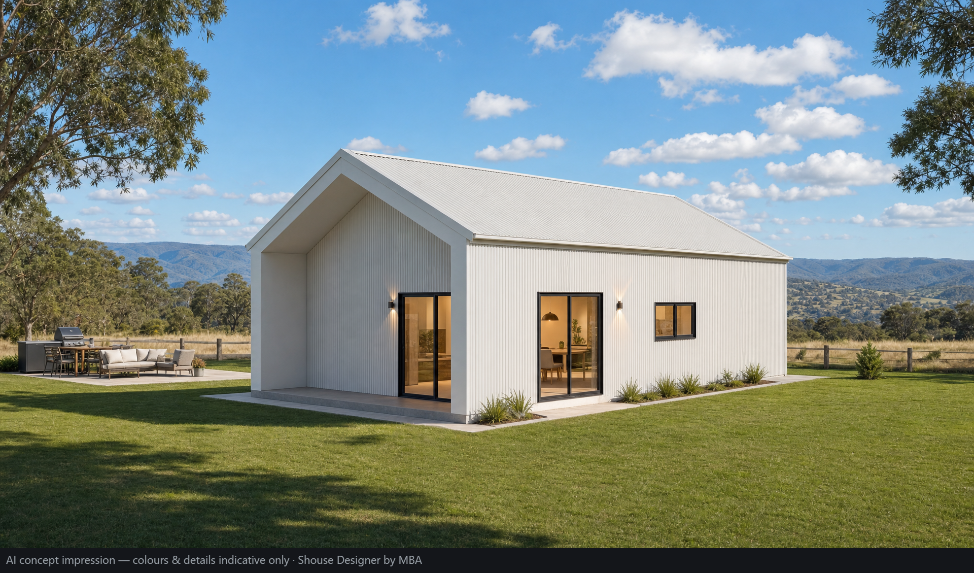 Contemporary Australian shed home with white corrugated cladding and rural landscape setting.