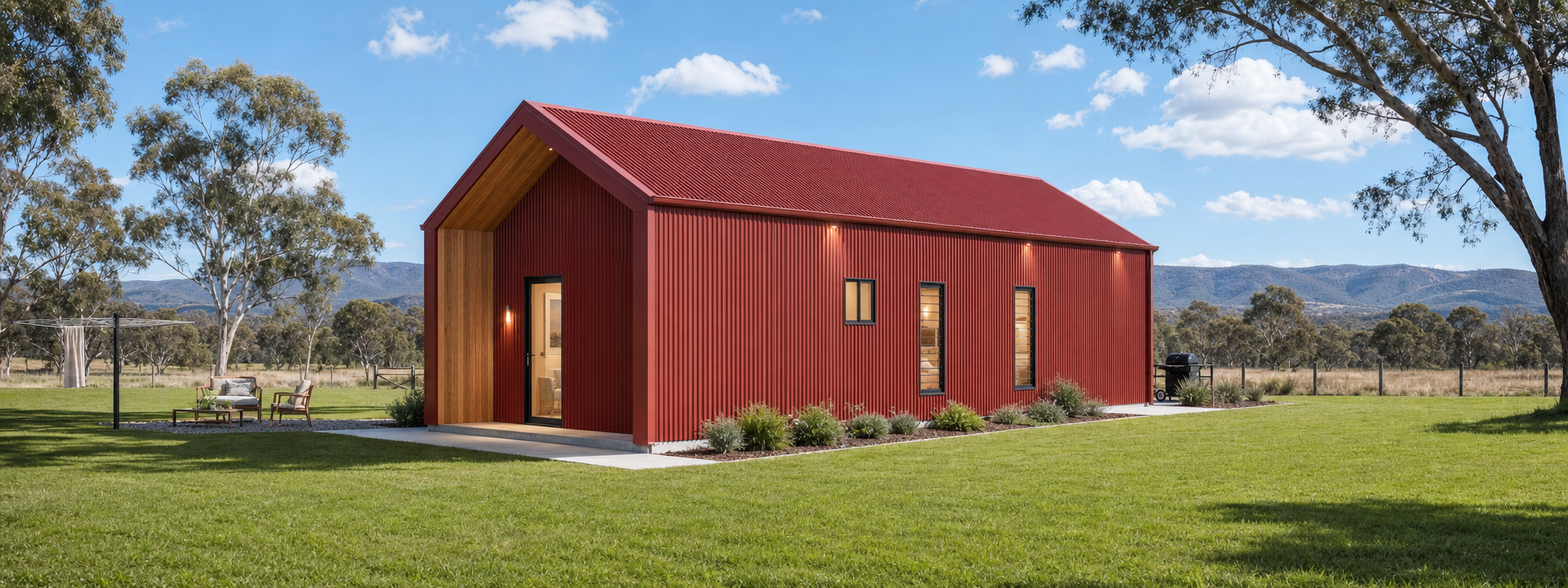 Modern red Colorbond shed home with corrugated iron cladding, gable roof and timber entry feature, designed by Modular Buildings Australia.